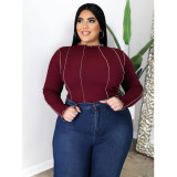 Plus Size 5XL Solid Ribbed Long Sleeve Pullover Tops ASL-7011