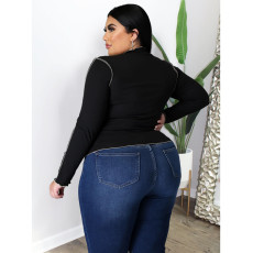 Plus Size 5XL Solid Ribbed Long Sleeve Pullover Tops ASL-7011