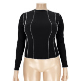 Plus Size 5XL Solid Ribbed Long Sleeve Pullover Tops ASL-7011