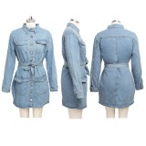 Casual Long Sleeve Buttons Sashes Denim Mini Dress SMR-9896