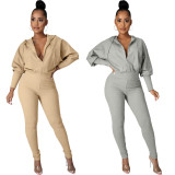 Solid Hooded Zipper Long Sleeve Jumpsuit OMY-8105