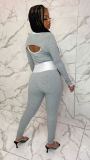 Ribbed Embroidery Letter Sleeveless Jumpsuits+Full Sleeve Crop Tops 2 Piece Sets MEM-8324