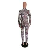 Cartoon Letter Print Zipper Long Sleeve Tight Jumpsuit MEM-8322