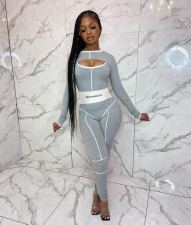 Ribbed Embroidery Letter Sleeveless Jumpsuits+Full Sleeve Crop Tops 2 Piece Sets MEM-8324