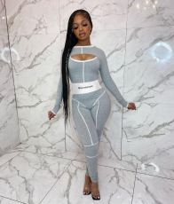 Ribbed Embroidery Letter Sleeveless Jumpsuits+Full Sleeve Crop Tops 2 Piece Sets MEM-8324