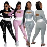 Ribbed Embroidery Letter Sleeveless Jumpsuits+Full Sleeve Crop Tops 2 Piece Sets MEM-8324