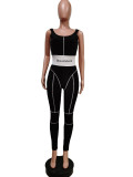 Ribbed Embroidery Letter Sleeveless Jumpsuits+Full Sleeve Crop Tops 2 Piece Sets MEM-8324