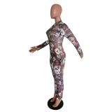 Cartoon Letter Print Zipper Long Sleeve Tight Jumpsuit MEM-8322