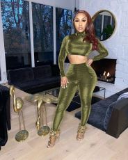 Sexy Turtleneck Long Sleeve Two Piece Pants Set MEM-8323
