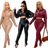 Fashion Solid Color PU Leather Long Sleeve And Pants Ruched Suit FENF-055
