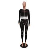 Ribbed Embroidery Letter Sleeveless Jumpsuits+Full Sleeve Crop Tops 2 Piece Sets MEM-8324