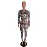 Cartoon Letter Print Zipper Long Sleeve Tight Jumpsuit MEM-8322