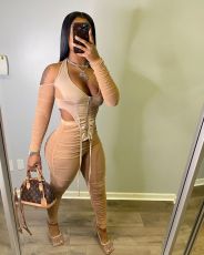 Sexy Mesh Ruched Halter Top And Pants Two Piece Sets YH-5206