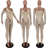 Sexy Mesh Ruched Halter Top And Pants Two Piece Sets YH-5206