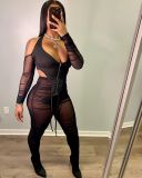 Sexy Mesh Ruched Halter Top And Pants Two Piece Sets YH-5206
