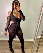 Sexy Mesh Ruched Halter Top And Pants Two Piece Sets YH-5206