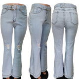 Denim Ripped Belted Flared Jeans LSD-9054