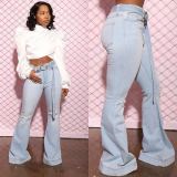 Denim Ripped Belted Flared Jeans LSD-9054