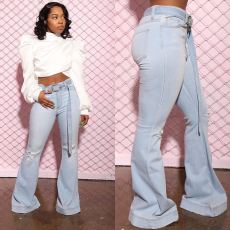 Denim Ripped Belted Flared Jeans LSD-9054