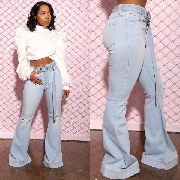 Denim Ripped Belted Flared Jeans LSD-9054
