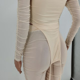 Sexy Mesh Ruched Halter Top And Pants Two Piece Sets YH-5206