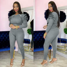 Solid Ruffled Long Sleeve Two Piece Pants Set XMY-9290