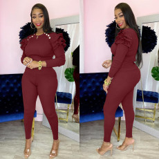 Solid Ruffled Long Sleeve Two Piece Pants Set XMY-9290