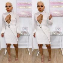 Sexy Long Sleeve Knitted Belted Bodycon Dress MOF-6604