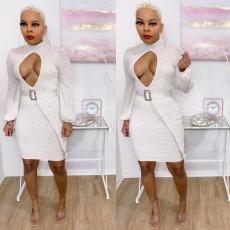 Sexy Long Sleeve Knitted Belted Bodycon Dress MOF-6604