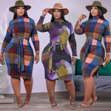 Sexy Printed Long Sleeve Split Sashes Midi Dress TK-6147