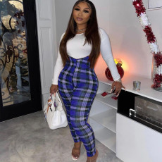 Plus Size T-shirt And Slim Plaid Print Sling Jumpsuit Two Piece Set CL-6101