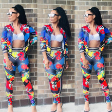 Plus Size Floral Print Zipper Jacket Pants 2 Piece Sets DAI-8045