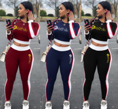 Sports Fitness Casual Letter Printed Long Sleeve  Two Piece Set OLYF-6030