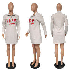 Fashion DRIP Letter Printed Zipper Long Sleeve Dress XMF-033
