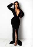 Sexy Deep V Neck Rcuched High Split Maxi Evening Dress SFY-224