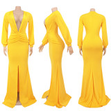 Sexy Deep V Neck Rcuched High Split Maxi Evening Dress SFY-224
