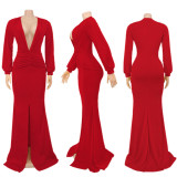Sexy Deep V Neck Rcuched High Split Maxi Evening Dress SFY-224