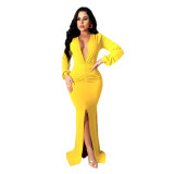 Sexy Deep V Neck Rcuched High Split Maxi Evening Dress SFY-224