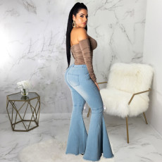 Plus Size Denim High Waist Ripped Hole Flared Jeans HSF-2376