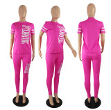 Plus Size Pink Letter Print Short Sleeve Two Piece Pants Set YIM-8101-1