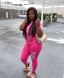 Plus Size Pink Letter Print Short Sleeve Two Piece Pants Set YIM-8101-1