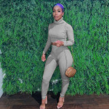 Solid Long Sleeve Turtleneck Two Piece Pants Sets HMS-5408