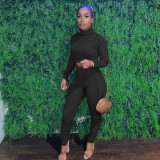 Solid Long Sleeve Turtleneck Two Piece Pants Sets HMS-5408