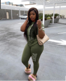 Plus Size Pink Letter Print Short Sleeve Two Piece Pants Set YIM-8101-1