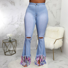Plus Size Denim Tassel Hole Stretch Flared Jeans HSF-2356
