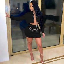 Sexy Chain Decoration Hooded Long Sleeve Mini Skirt Sets BLX-7553