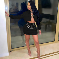 Sexy Chain Decoration Hooded Long Sleeve Mini Skirt Sets BLX-7553
