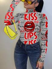 Fashion Casual Lip Printed Long Sleeve Top SXF-1200