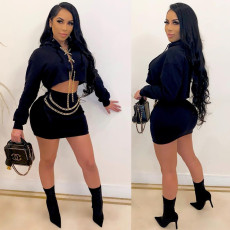 Sexy Chain Decoration Hooded Long Sleeve Mini Skirt Sets BLX-7553