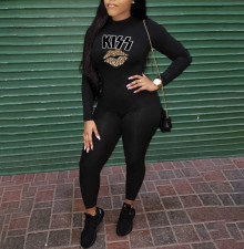 Casual Letter Lips Print Long Sleeve Tight Jumpsuit  YIBF-6035